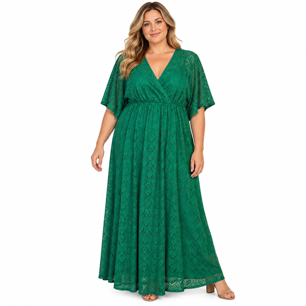 Eloquii Elements Green Lace V-Neck Maxi Dolman Sleeve Lined Dress sz 18 / 20